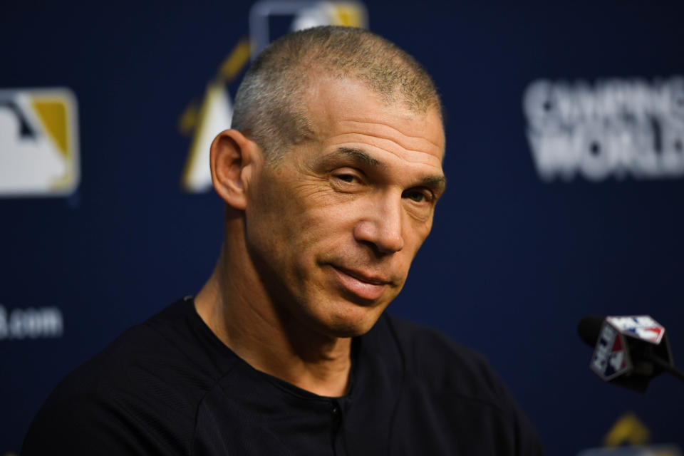 Oct 12, 2017; Houston, TX, USA; New York Yankees manager Joe Girardi (28) speaks at a press conference during workouts at Minute Maid Park. Mandatory Credit: Shanna Lockwood-USA TODAY Sports