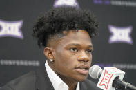 FILE - TCU cornerback Tre'Vius Hodges-Tomlinson speaks to reporters during the NCAA college football Big 12 Media Days in Arlington, Texas, Thursday, July 14, 2022. TCU is set to kick off its season on Sept. 2, 2022, against Colorado. (AP Photo/LM Otero, File)