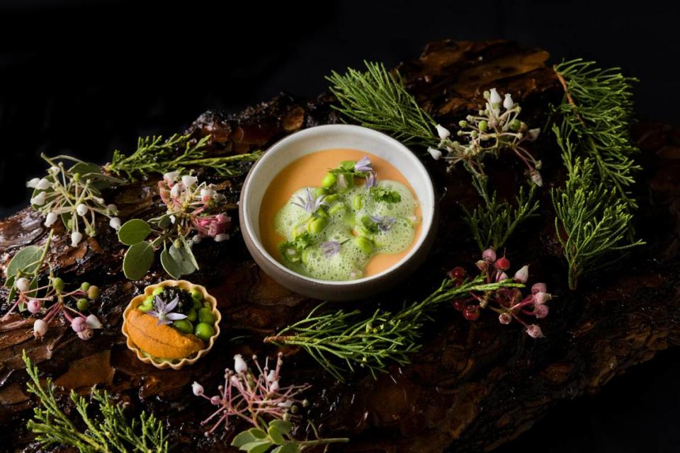 This dish featuring sea urchin and spring peas is one of many courses on the menu at The Elderberry House.