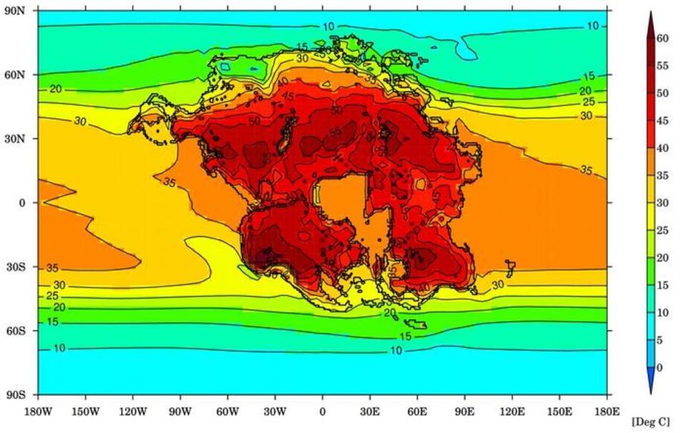 La imagen muestra la temperatura media mensual más cálida (grados Celsius) para la Tierra y el supercontinente proyectado (Pangea Última) en 250 millones de años, cuando se complicaría la supervivencia de casi cualquier mamífero (Universidad de Bristol)