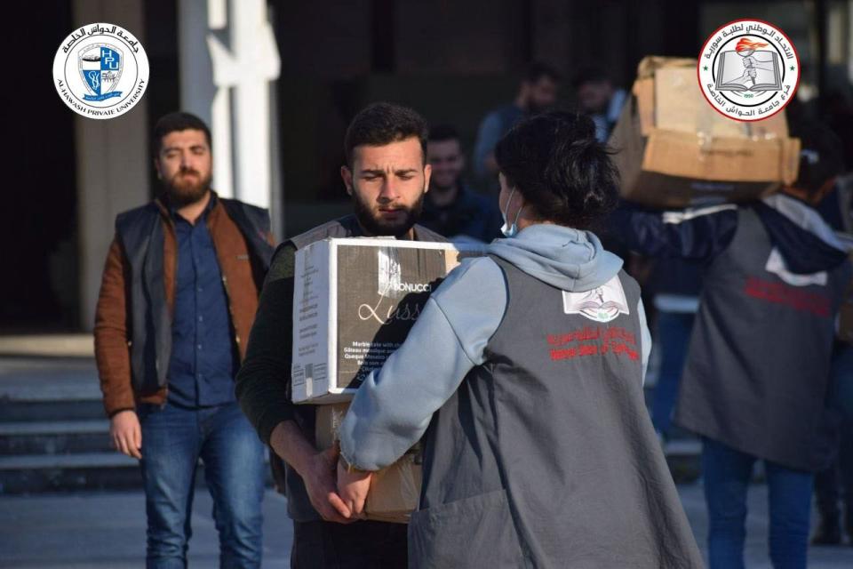 Volunteers from Al-Hawash Private University Hospital help earthquake victims in Aleppo and Jableh in Syria.