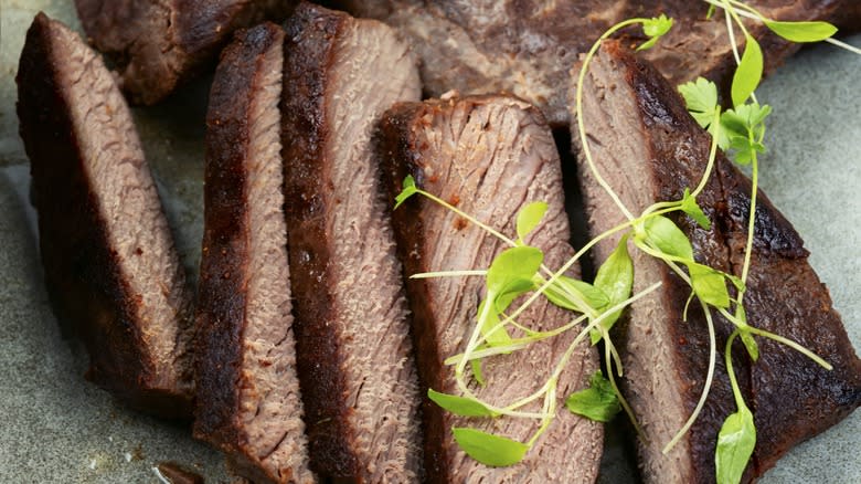 Close-up of sliced cooked ostrich steak