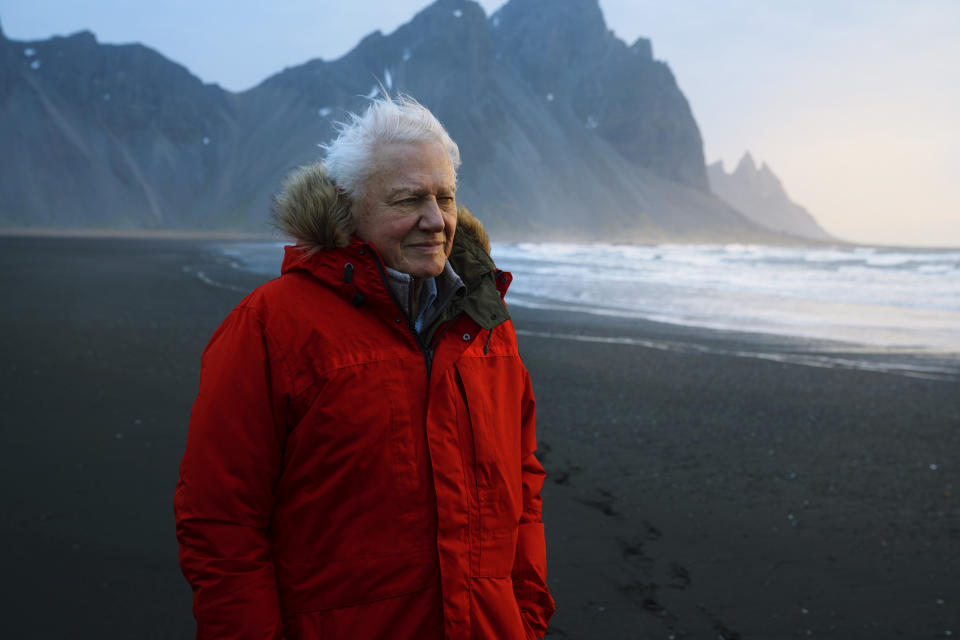 This image released by BBC America shows David Attenborough in Iceland. Attenborough narrates a new seven-part documentary series premiering Saturday on BBC America, AMC, IFC and SundanceTV. (Alex Board/BBCAmerica via AP)