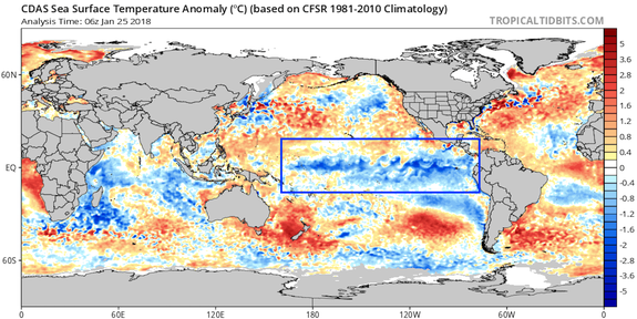 Sea surface temperature anomalies, with the box highlighting the cold anomalies that are the hallmark of La Niña.