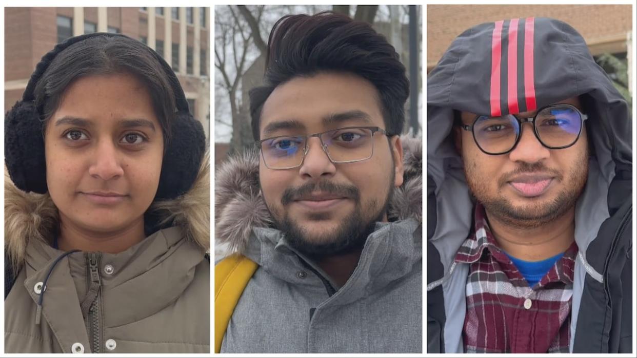 Archie Sharma, left, Shadman Sakib, centre, and Sm Sakib, right, are all masters students at the University of Windsor.  (Jennifer La Grassa/CBC - image credit)