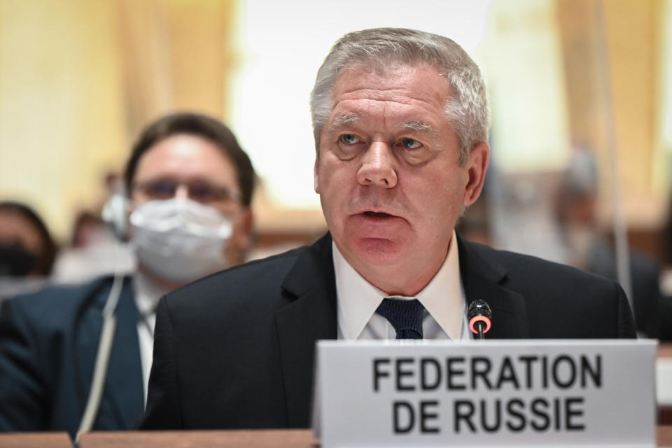 FILE - Russian ambassador Gennady Gatilov speaks at the opening of the 49th session of the UN Human Rights Council in Geneva, Switzerland, Feb. 28, 2022. Like rarely before, Western countries are leading a push among the 47 member nations of the U.N.’s top human rights body to single out and scrutinize human rights in China — over allegations of abuses in western Xinjiang — and Russia, where a domestic crackdown on dissent over the Ukraine war has stifled independent media and activist groups. (Fabrice Coffrini/Keystone via AP, Pool, File)