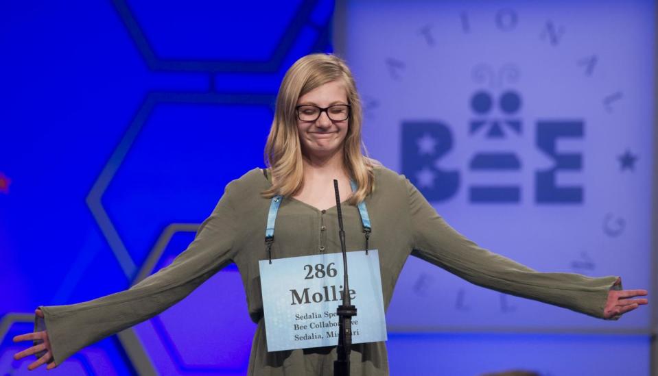 Mollie Miner, 11, from Sedalia, Mo., misspells her word during the second round (AP)