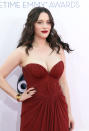 Kat Dennings arrives at the 64th Primetime Emmy Awards at the Nokia Theatre on Sunday, Sept. 23, 2012, in Los Angeles. (Photo by Matt Sayles/Invision/AP)