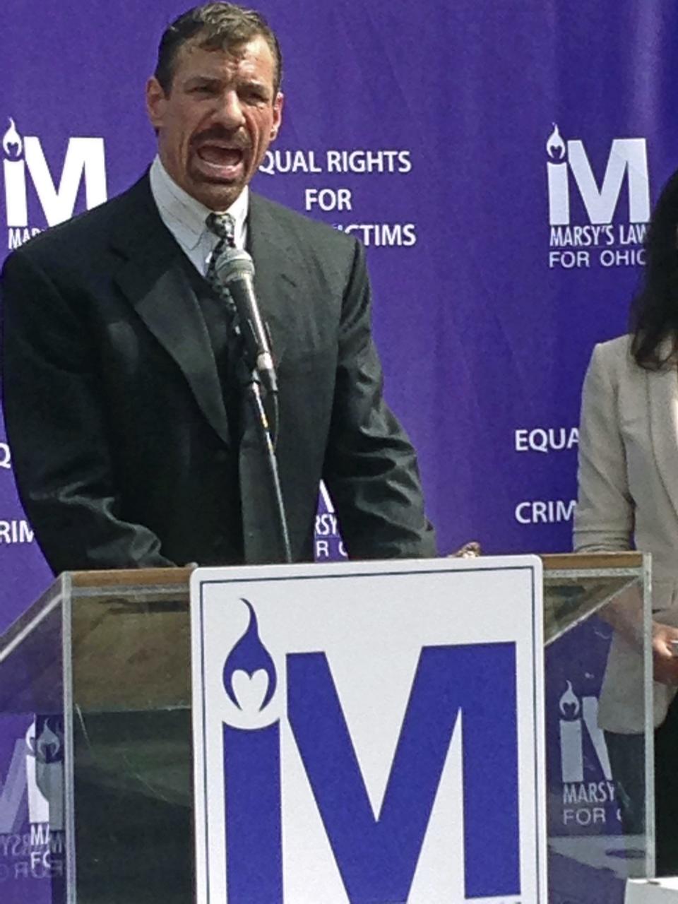 In this 2017 file photo, Henry Nicholas, for whose murdered younger sister Marsy's Law is named, speaks outside the Ohio secretary of state's office in Columbus.