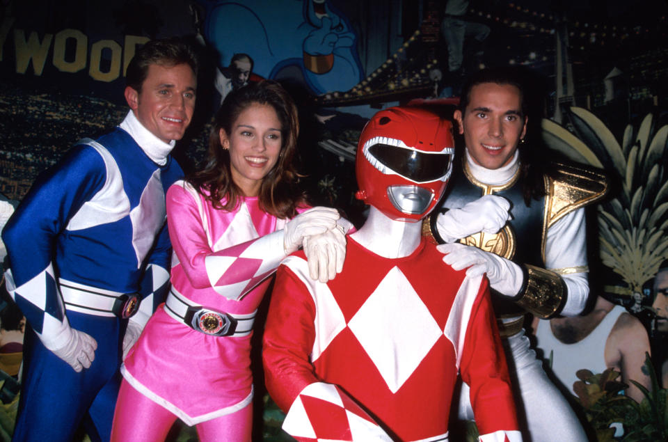 Actress Amy Jo Johnson and other actors costumed as Power Rangers.  (Photo by Dave Allocca/DMI/The LIFE Picture Collection via Getty Images)