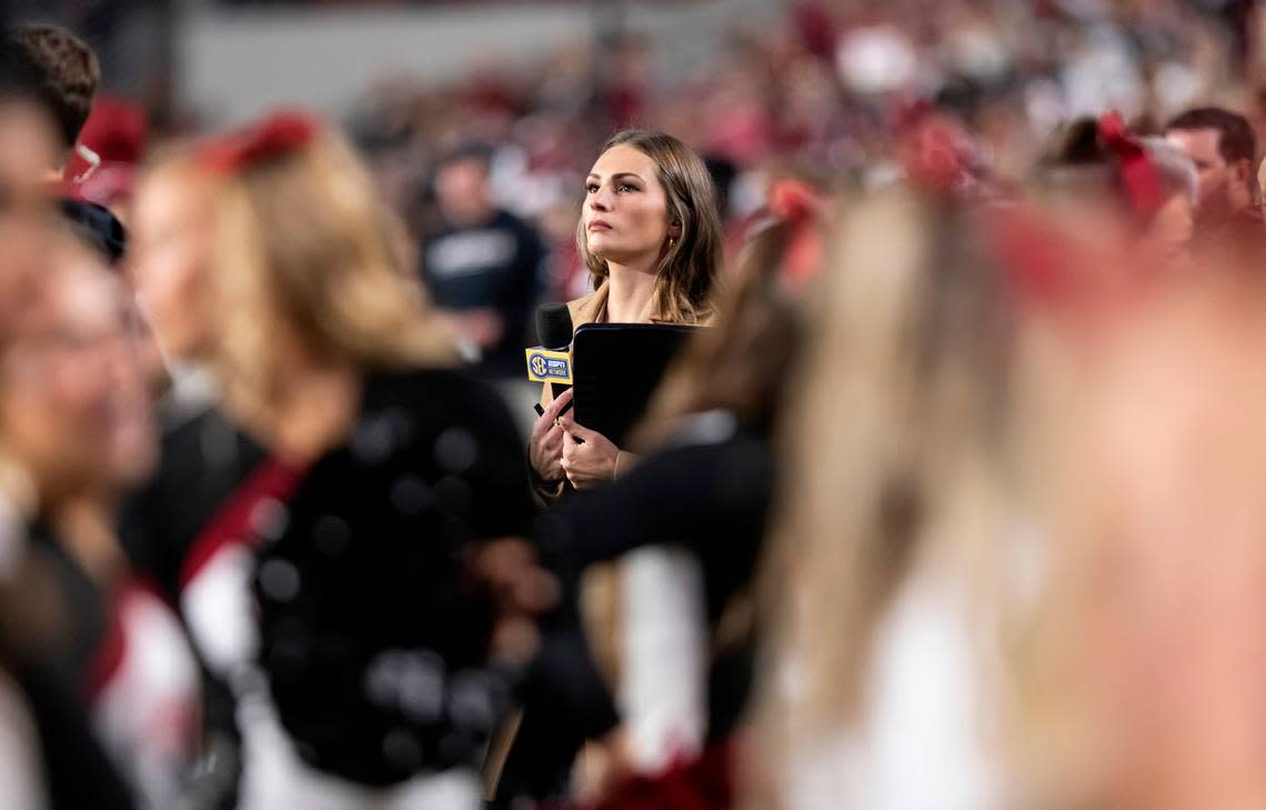 SEC Network reporter Alyssa Lang watches the Gamecocks game against Missouri at Williams-Brice Stadium in Columbia, SC on Saturday, Oct. 29, 2022.