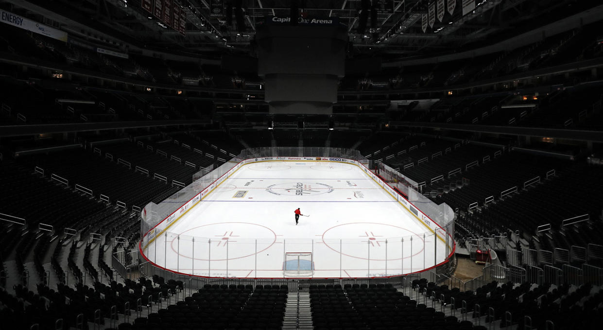 WASHINGTON, DC - MARCH 12: Sam Hess, Operations with Monumental Sports & Entertainment, skates alone prior Detroit Red Wings playing against the Washington Capitals at Capital One Arena on March 12, 2020 in Washington, DC. Today the NHL announced is has suspended their season due to the uncertainty of the coronavirus (COVID-19) with hopes of returning. The NHL currently joins the NBA, MLS, as well as, other sporting events and leagues around the world suspending play because of the coronavirus outbreak. (Photo by Patrick Smith/Getty Images) 