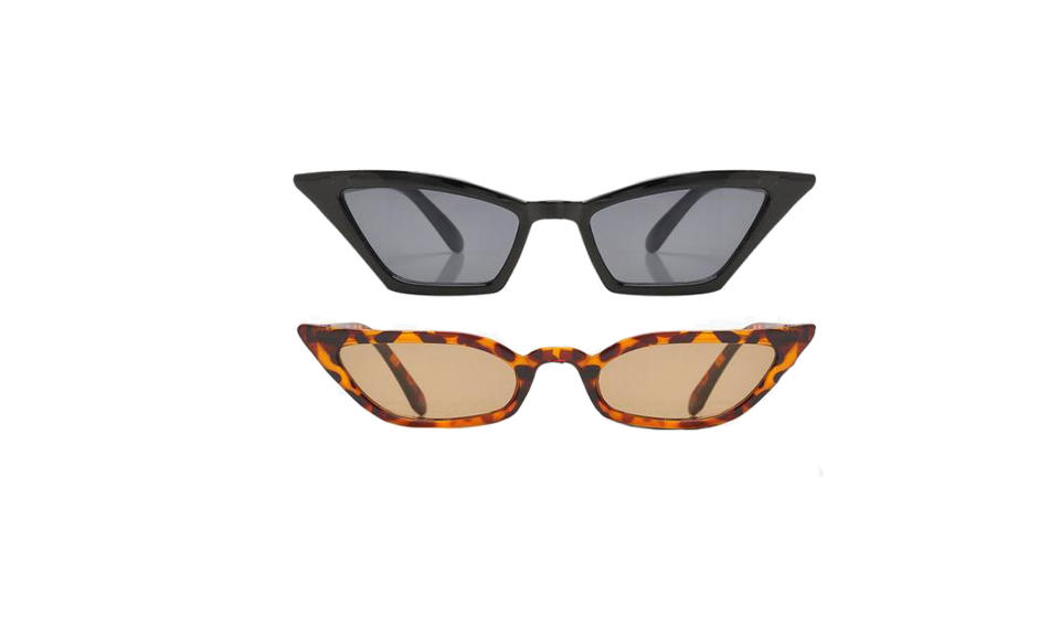 <p>2-pack skinny winged-eye sunglasses, $24, <a rel="nofollow noopener" href="http://us.boohoo.com/2-pack-skinny-winged-eye-sunglasses/DZZ18767.html" target="_blank" data-ylk="slk:boohoo.com;elm:context_link;itc:0;sec:content-canvas" class="link ">boohoo.com</a> </p>