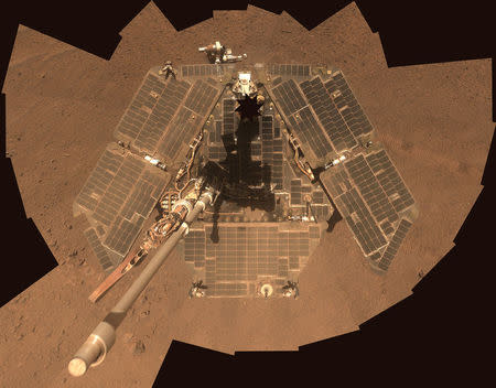 FILE PHOTO: NASA's Mars Exploration Rover Opportunity is shown in this handout photo released to Reuters July 29, 2014. REUTERS/NASA/JPL-Caltech/Cornell Univ./Arizona State University/Handout