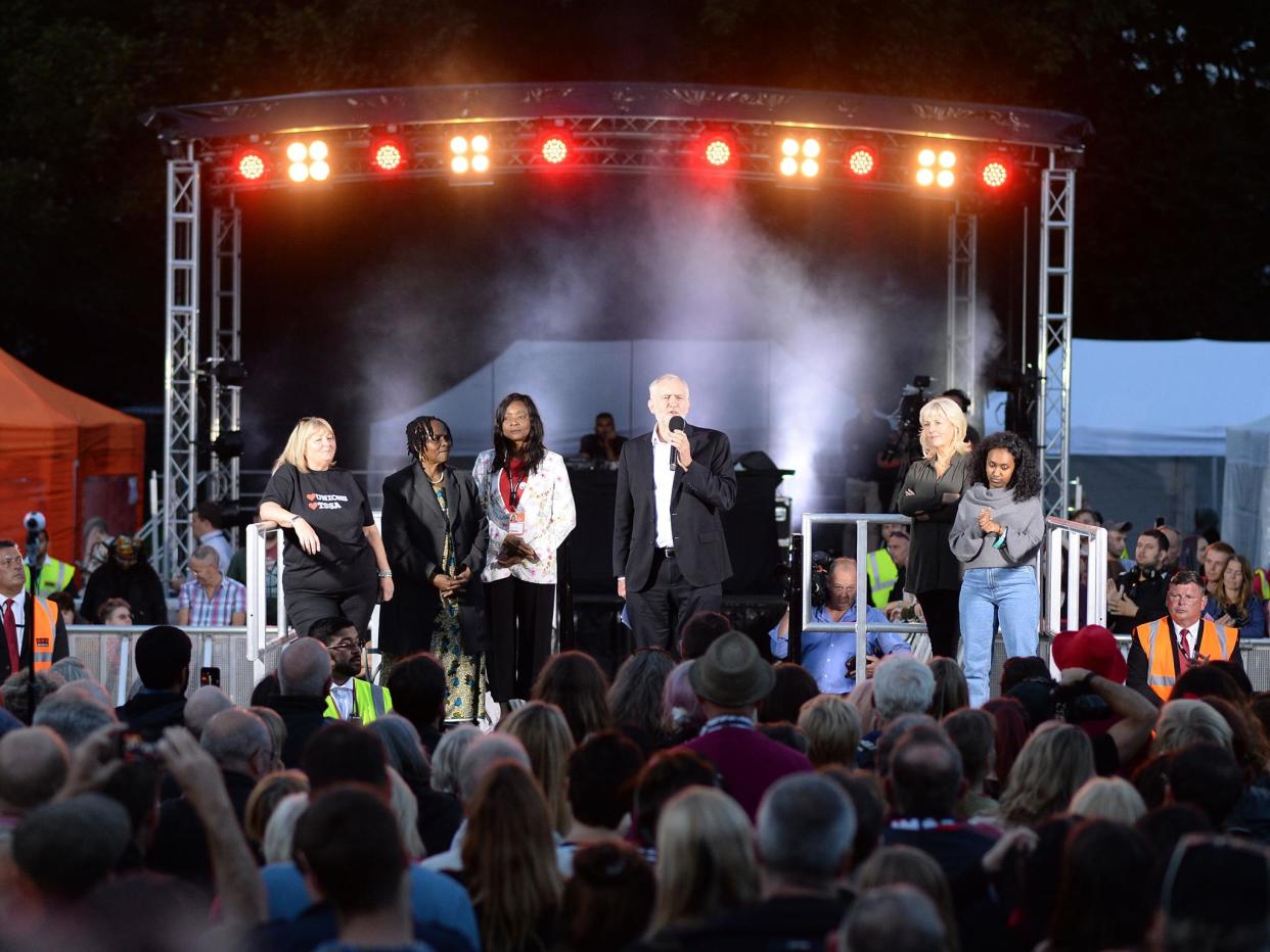 Corbyn at his rally the eve of the Labour conference: PA