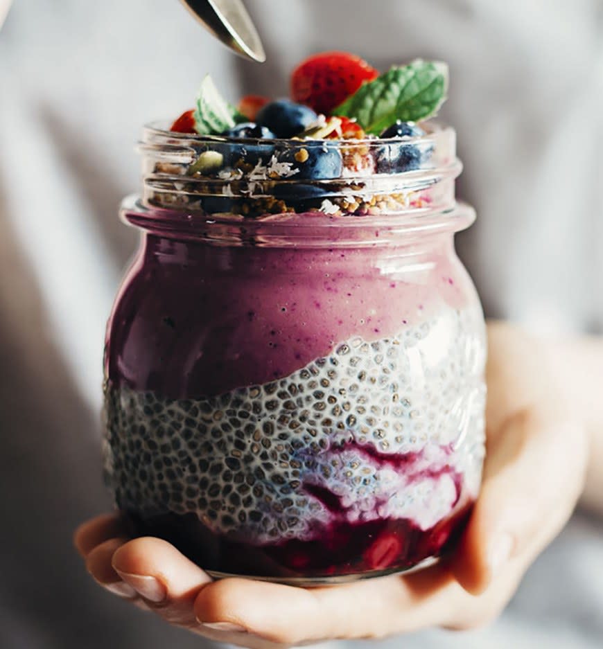 Chia, Açai, and Strawberry Layered Breakfast Jar from The Awesome Green