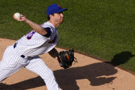 New York Mets starting pitcher Jacob deGrom winds up during the second inning of a baseball game against the Atlanta Braves, Monday, June 21, 2021, in New York. (AP Photo/Kathy Willens)
