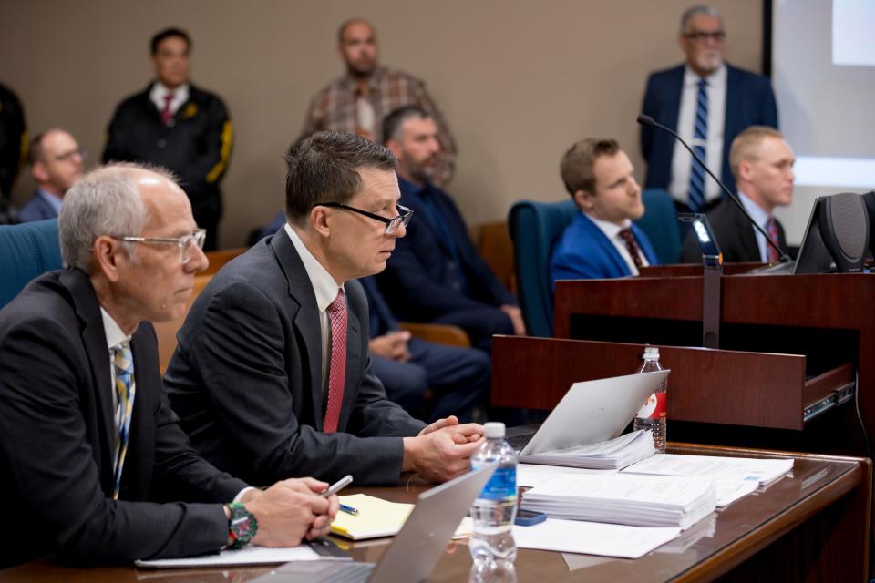 Jerome Wesevich, a lawyer with Texas RioGrande Legal Aid representing Annunciation House, listens to Judge Francisco during a motion hearing in the 205th District Courtroom in El Paso, TX on Thursday, March 7, 2024.