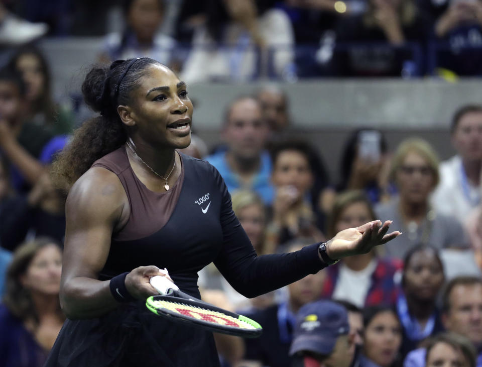 Virgil Abloh designed Serena Williams’ U.S. Open attire, which features quotations just as her Woman of the Year cover does. (AP Photo/Julio Cortez)