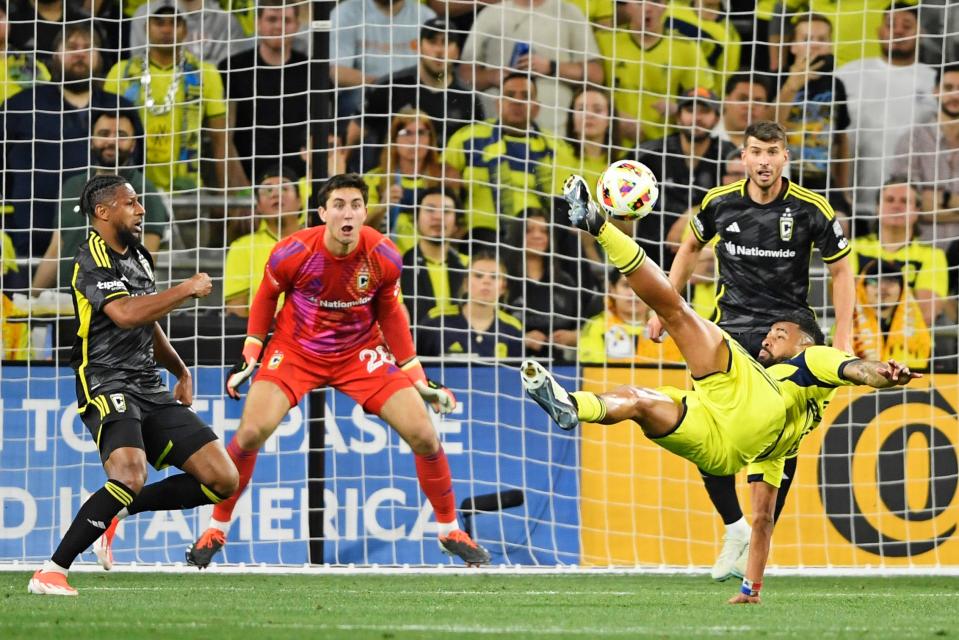 Nashville's Anibal Godoy scores against the Crew on Saturday.