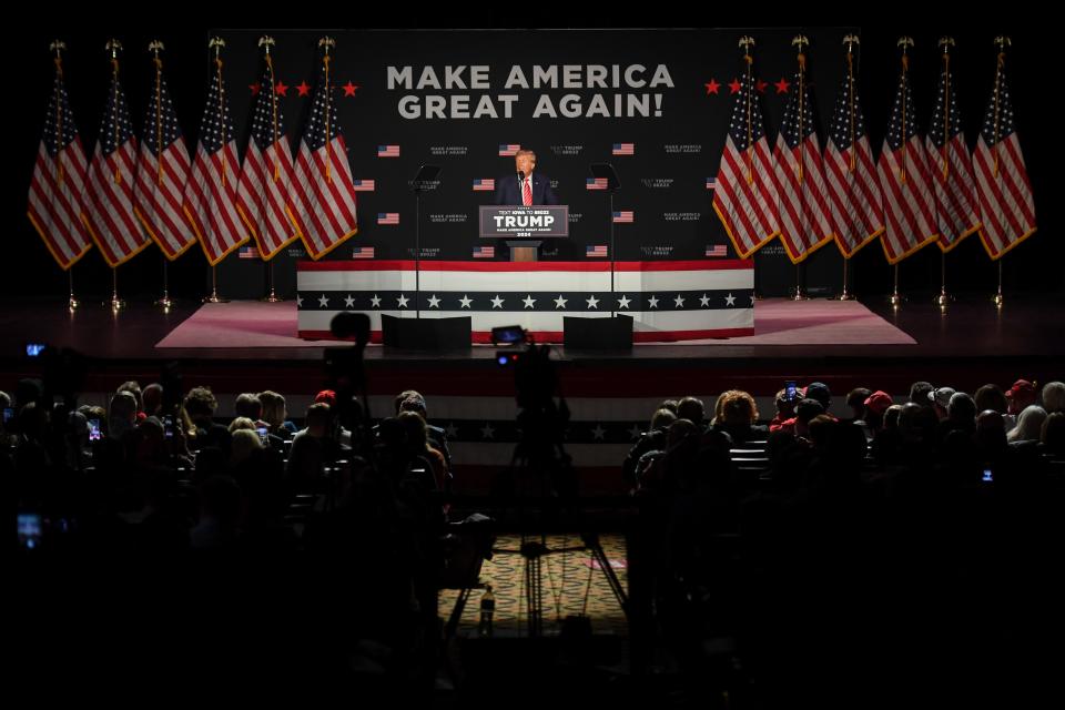 Former President Donald Trump rallies with supporters Sunday, Oct. 29, 2023, at Orpheum Theatre in Sioux City, Iowa.