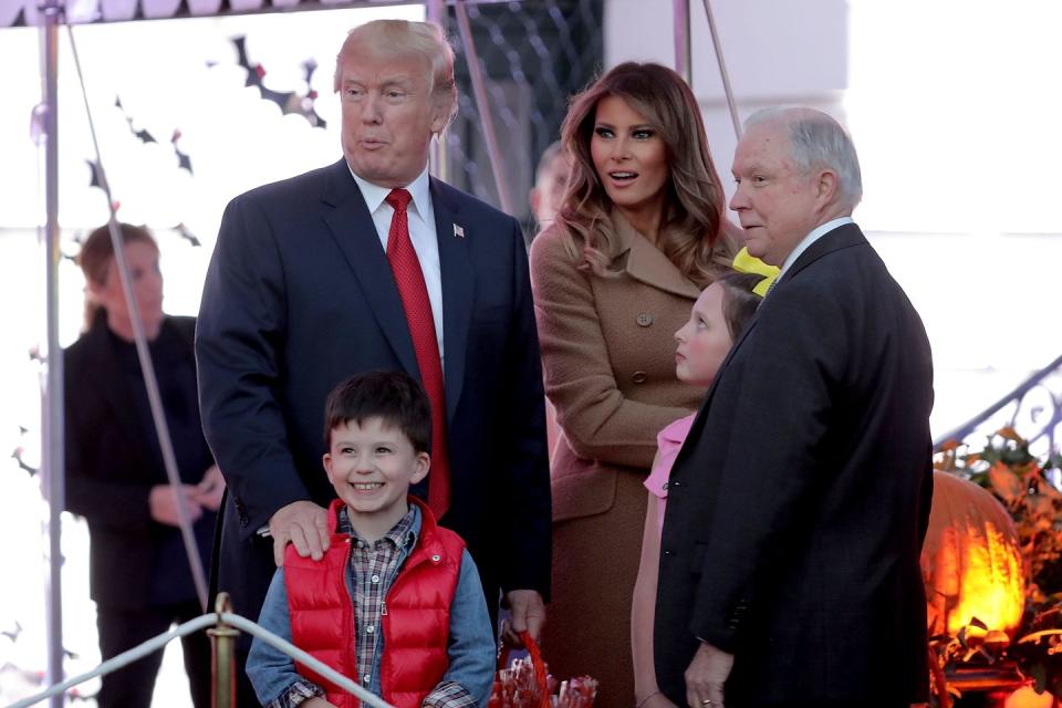 <p>Melania helped host Halloween wearing a Bottega Venneta coat on a cool October evening at the White House in 2017. </p>