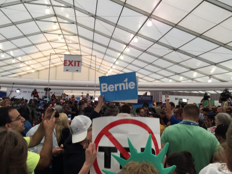 A pro-Bernie Sanders protest in the Democratic National Convention's media tent. (Photo: Hunter Walker/Yahoo News)