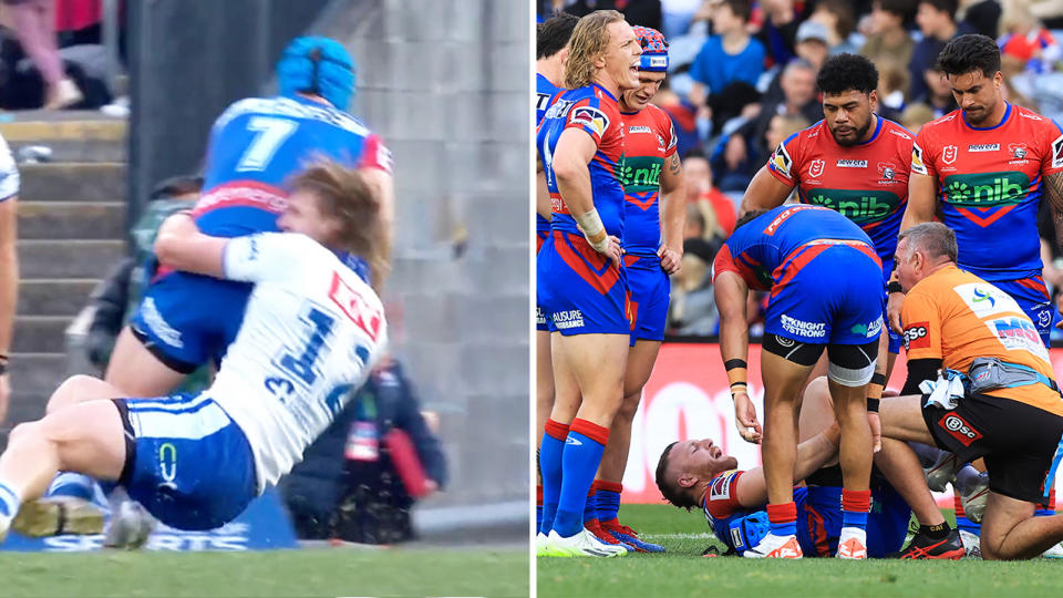 Jackson Hastings being tackled and Hastings on the ground in pain.