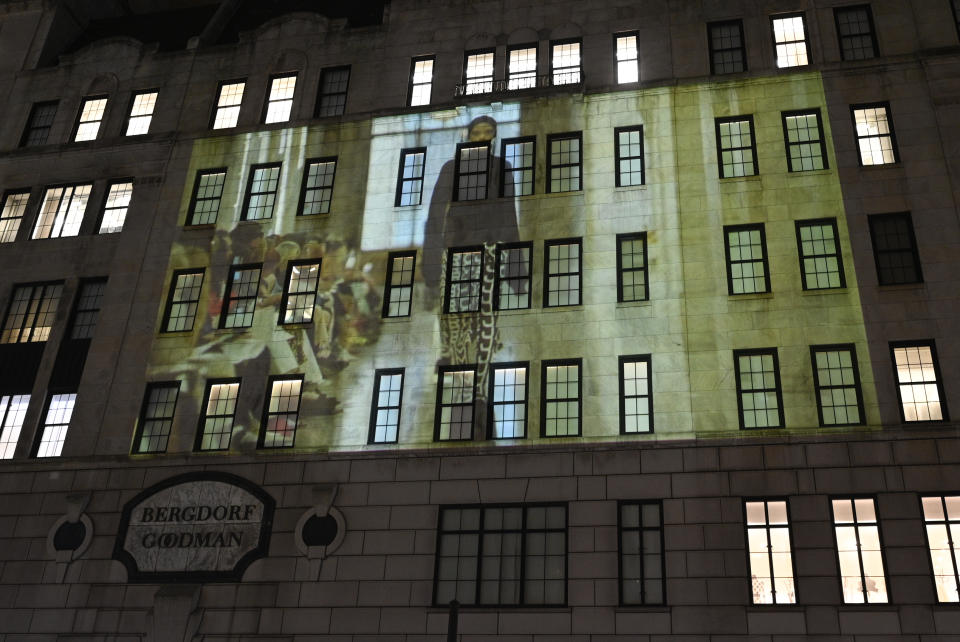 Marc Jacobs fall/winter 2021 fashion show projected on the exterior of Bergdorf Goodman department store on Monday, June 28, 2021, in New York. (Photo by Evan Agostini/Invision/AP)