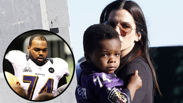 Sandra Bullock attends the Super Bowl with her son Louis, inset is of Michael Oher 