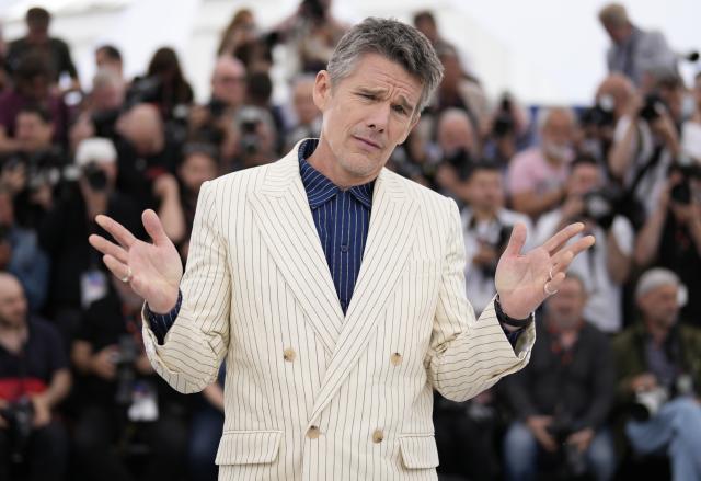 Ethan Hawke poses for photographers at the photo call for the film 'Strange Way of Life' at the 76th international film festival, Cannes, southern France, Wednesday, May 17, 2023. (Photo by Scott Garfitt/Invision/AP)