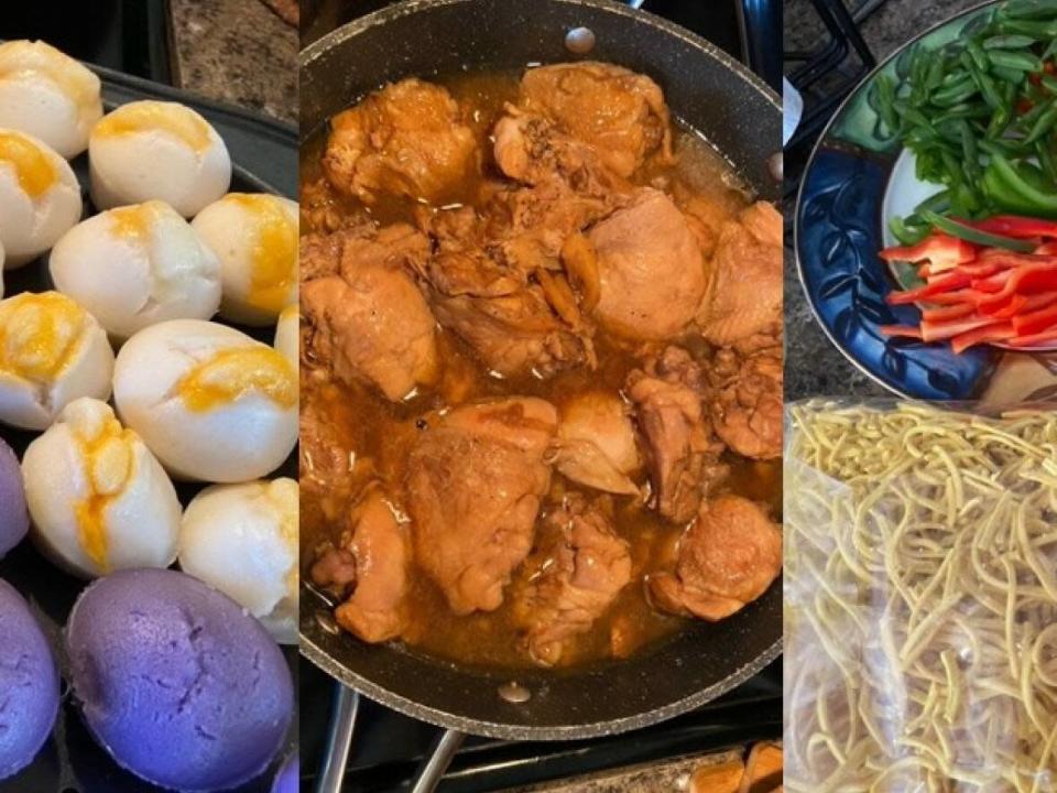 Some of the dishes Sherilyn Manantan served during her Christmas Eve dinner this year. From left to right: rice cakes, chicken adobo and the ingredients for pancit. (Submitted by Sherilyn Manantan - image credit)