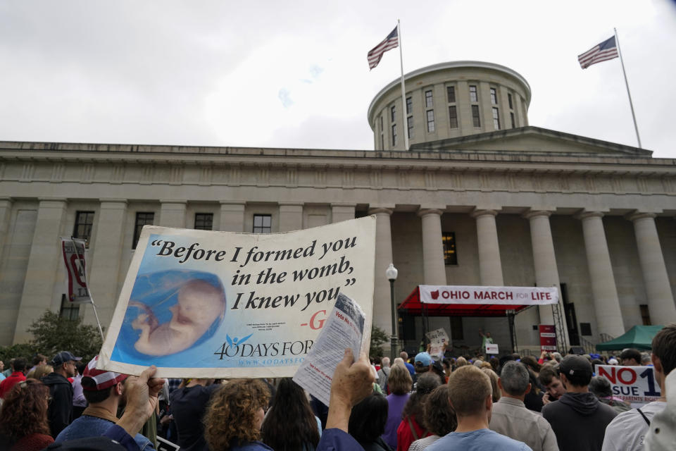 FILE - People gather during the Ohio March for Life rally at the Ohio State House in Columbus, Ohio, Oct. 6, 2023. A divide between abortion rights activists over whether to include restrictions related to the viability of the fetus on planned state ballot measures is roiling the movement. Advocates say the fight has resurfaced long-brewing ruptures among reproductive rights advocates, especially in Republican-leaning or closely divided states where some worry that failing to include such limits will sink their chances of passing abortion protections. (AP Photo/Carolyn Kaster, File)