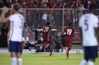 Panama's Anibal Godoy, 20, celebrates scoring his side's opening goal against United States during a qualifying soccer match for the FIFA World Cup Qatar 2022 at Rommel Fernandez stadium, Panama city, Panama, Sunday, Oct. 10, 2021. (AP Photo/Arnulfo Franco)