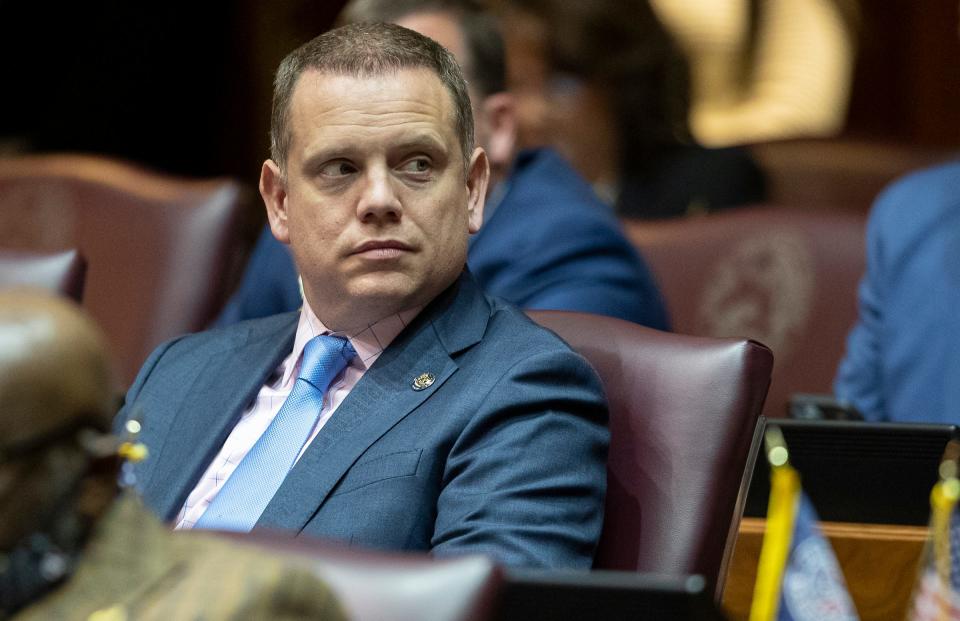 State Rep. Chris Jeter listens on the first day of legislative session Tuesday, Jan. 4, 2022, at the Indiana Statehouse in Indianapolis. 