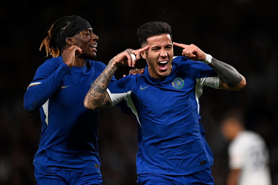 Enzo Fernandez of Chelsea (R) celebrates with teammate Noni Madueke (Chelsea FC via Getty Images)