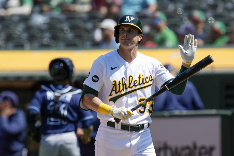 Oakland Athletics' JJ Bleday reacts after being called out on strikes during the eighth inning of the team's baseball game against the Tampa Bay Rays in Oakland, Calif., Thursday, June 15, 2023. (AP Photo/Godofredo A. Vásquez)