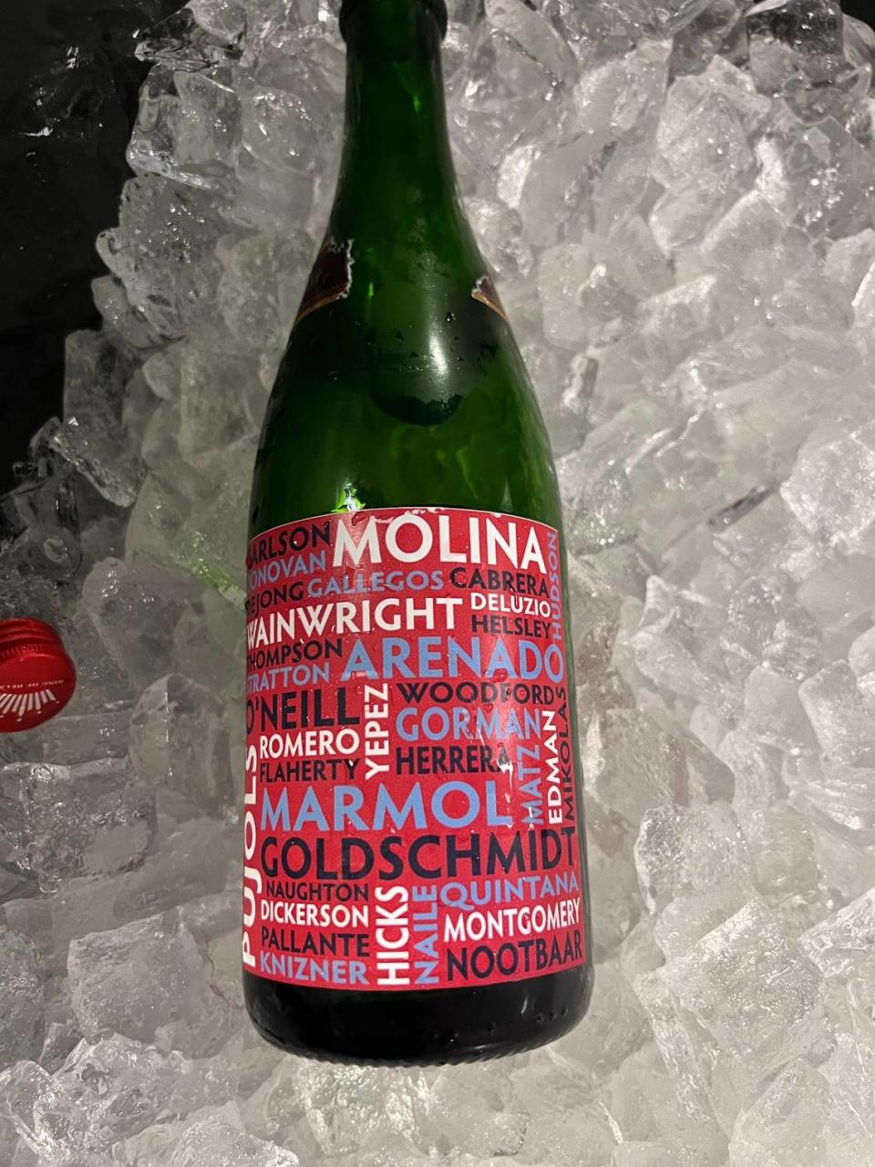 A bottle from the St. Louis Cardinals celebration following the team’s 6-2 victory against Milwaukee on Tuesday night. The win secured the organization’s 12th Central Division crown.