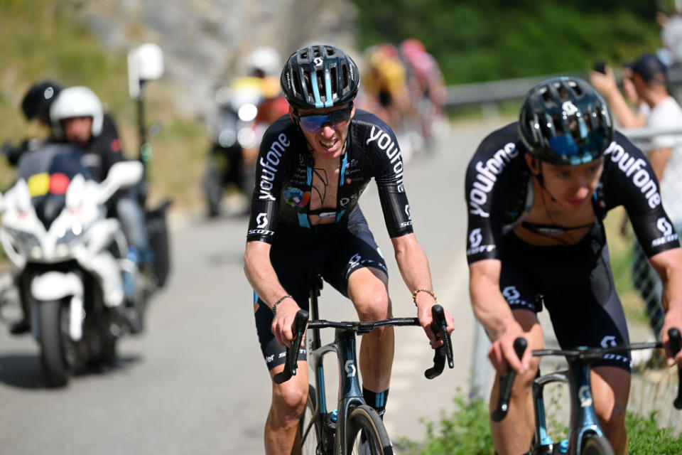 LEUKERBAD SWITZERLAND  JUNE 14 Romain Bardet of France and Team DSM competes during the 86th Tour de Suisse 2023 Stage 4 a 1525km stage from Monthey to Leukerbad 1367m  UCIWT  on June 14 2023 in Leukerbad Switzerland Photo by Dario BelingheriGetty Images