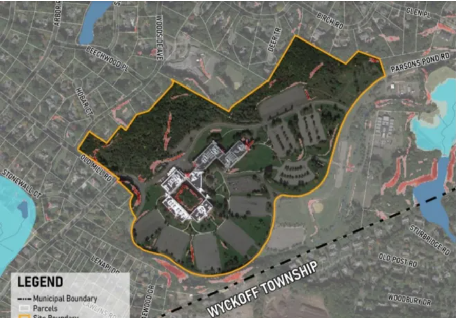 The 89-acre Cigna property in Franklin Lakes includes a 16-acre forest conservation area (upper left) and is now vacant.  Much of the property's office buildings and parking lots will be removed to make way for multiple housing.