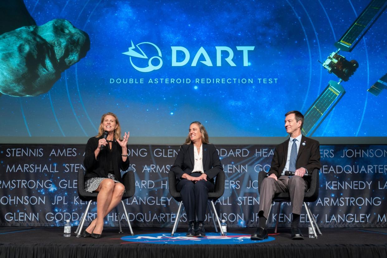 Planetary Science Division director Lori Glaze, left, John Hopkins Applied Physics Laboratory DART coordination lead Nancy Chabot, and DART program scientist Tom Statler speak during a media briefing about the agency's recently completed Double Asteroid Redirection Test (DART), at NASA headquarters, in Washington. The DART mission saw the spacecraft collide with the asteroid Dimorphos in an attempt to test whether the resulting kinetic force could redirect an asteroid's course to protect Earth against potential impacts NASA Asteroid Defense Mission, Washington, United States - 11 Oct 2022