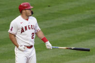 Los Angeles Angels' Mike Trout (27) steps up to bat during the first inning of a baseball game against the Cleveland Indians Monday, May 17, 2021, in Los Angeles. (AP Photo/Ashley Landis)