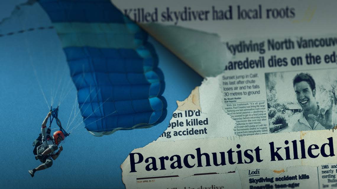 Newspaper clippings chronicle skydiving accidents at the Parachute Center at the Lodi Airport.