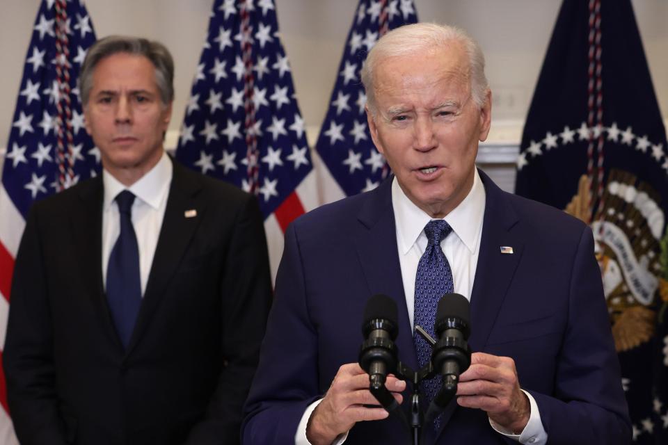 WASHINGTON, DC - JANUARY 25: U.S. President Joe Biden makes an announcement on additional military support for Ukraine as Secretary of State Antony Blinken listens in the Roosevelt Room of the White House on January 25, 2023 in Washington, DC. President Biden said the U.S. will send 31 M-1 Abrams tanks to Ukraine to aid in their fight against Russia.