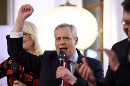 Social Democratic Party Chairman Antti Rinne celebrates the results of the Finland's municipal elections in Helsinki, Finland on Sunday, April 9, 2017. Lehtikuva/Vesa Moilanen/via REUTERS