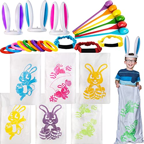 JOYIN 6 Player Potato Sack Race Jumping Bags, Spoon and Egg Race, Legged Relay Race Bands Elastic Tie Rope for Easter Theme Party Favor, Outside Lawn Games, Easter Eggs Hunt Game Activities