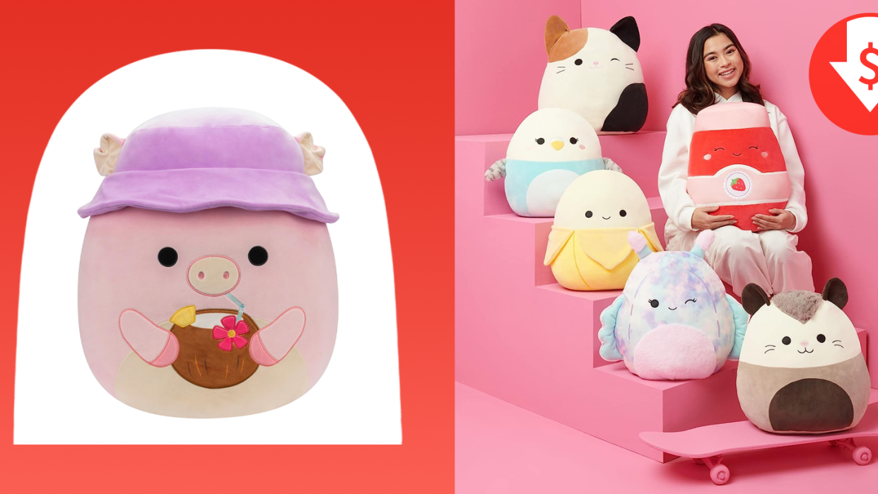 squishmallows original 20 inch peter pig with purple bucket hat and coconut drink, a girl posed with a variety of squishmallows