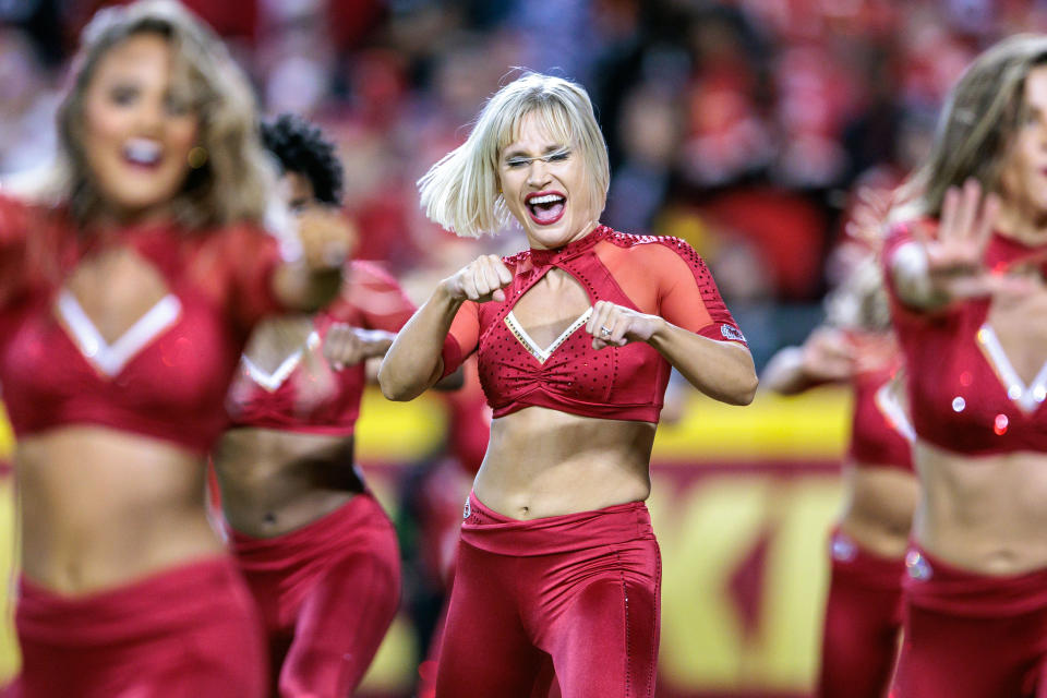 Oct 12, 2023; Kansas City, Missouri, USA; Kansas City Chiefs cheerleaders perform during the game against the Denver Broncos at GEHA Field at Arrowhead Stadium. Mandatory Credit: William Purnell-USA TODAY Sports