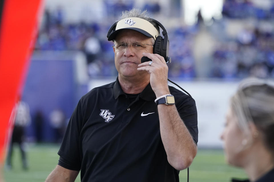 Central Florida head coach Gus Malzahn watches from the sideline in the second half of an NCAA college football game against Memphis Saturday, Nov. 5, 2022, in Memphis, Tenn. (AP Photo/Mark Humphrey)