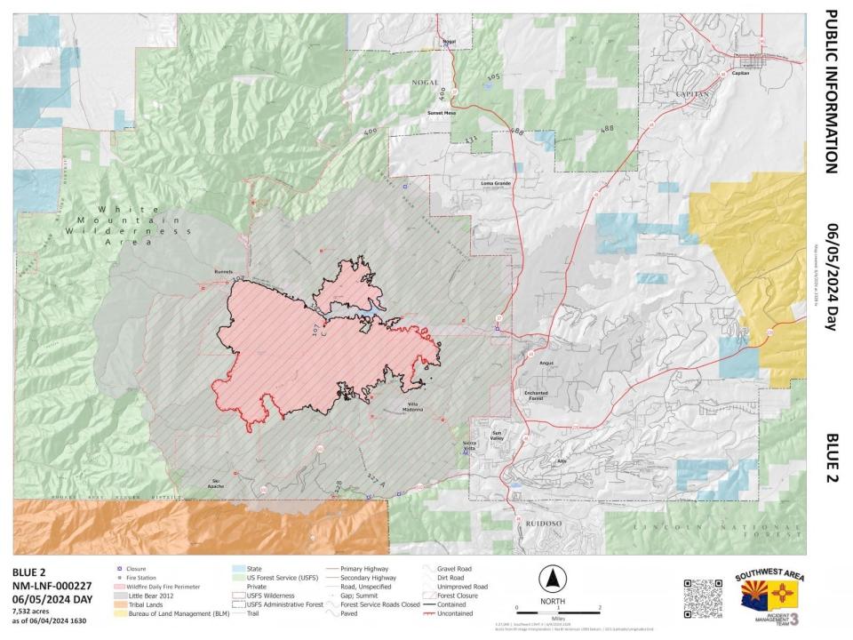 An updated map of the Blue 2 Fire near Ruidoso as of June 5, 2024,